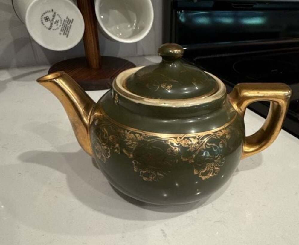 Vintage Green and Gold Floral Teapot